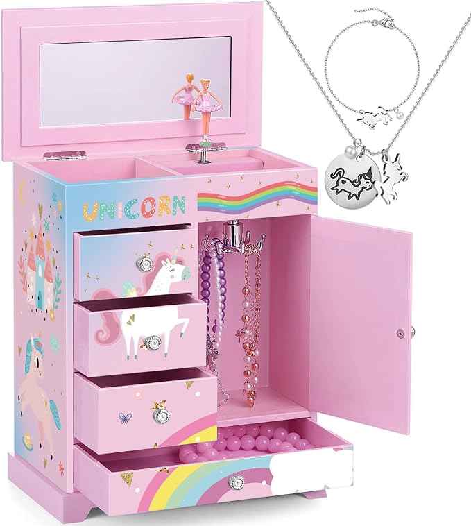 Large Jewelry Box for Girls 5-Layer Music Box with Spinning Ballerina Unicorn Necklace & Bracelet Set Kids Jewelry Organizer Birthday Christmas Gift for 5-8 Year Old Girls(Pink&Blue) by efubaby