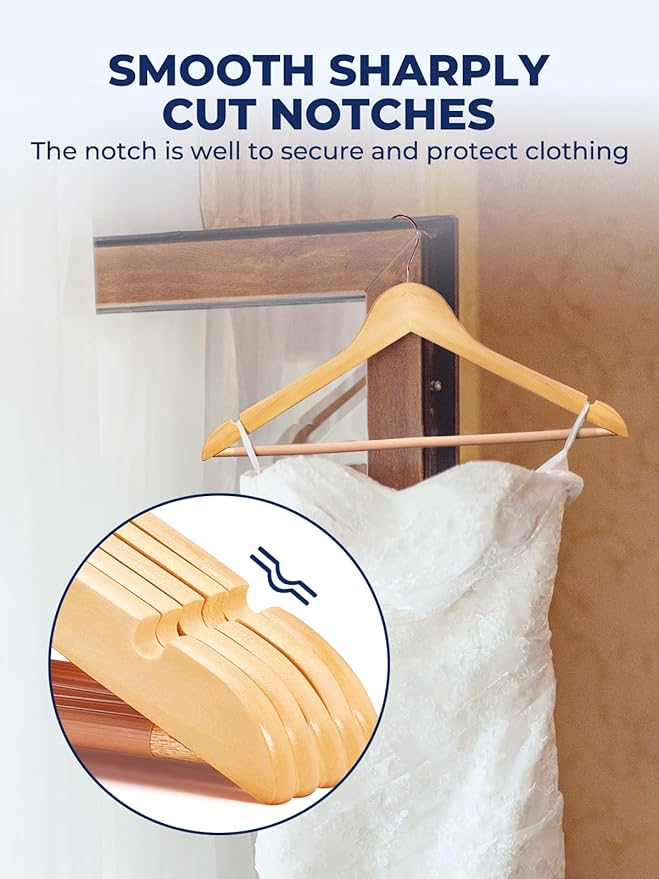 Smartor Wooden Hangers 10 Pack, Solid Wood Coat Hanger for Closet, Heavy Duty Wood Hangers for Suits, Shirts, Dresses, with 360° Rose Gold Hook, Non Slip Pant Bar, Natural - Image 5