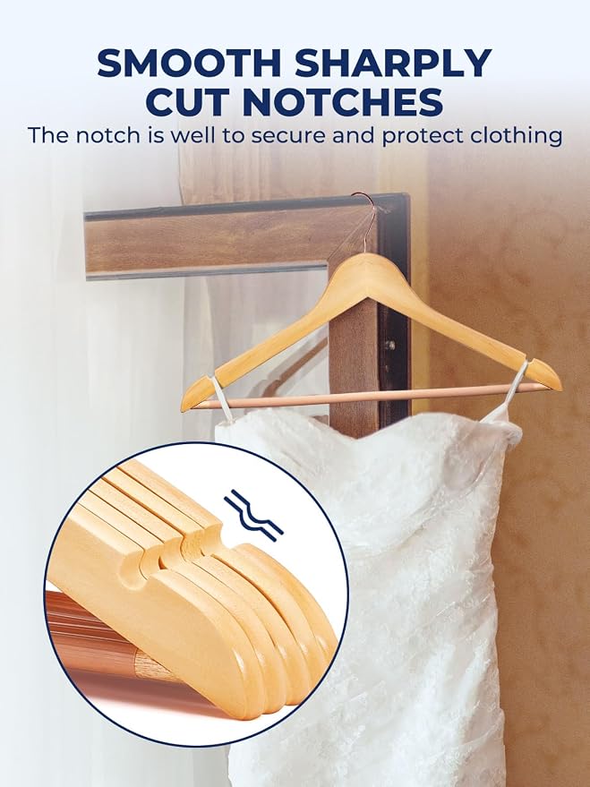 Smartor Wooden Hangers 20 Pack, Solid Wood Coat Hanger for Closet, Heavy Duty Wood Hangers for Suits, Shirts, Dresses, with 360° Rose Gold Hook, Non Slip Pant Bar, Natural - Image 5