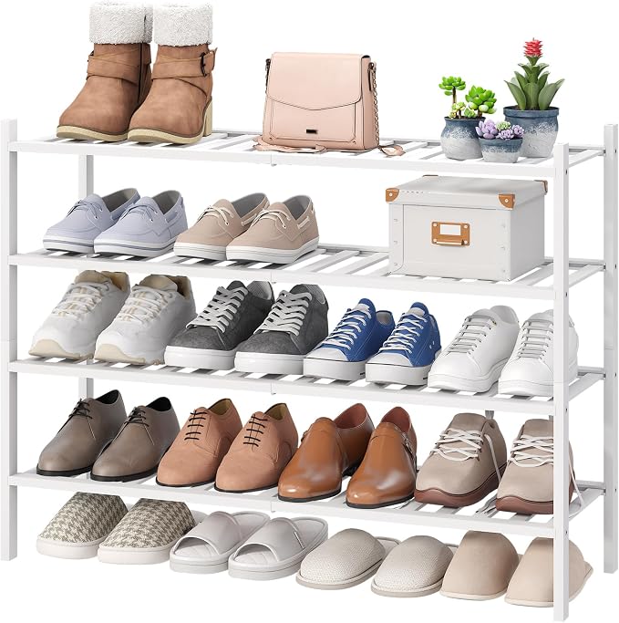 viewcare White 4-Tier Long Shoe Rack, Bamboo Wood, 33-Inch by VIEWCARE