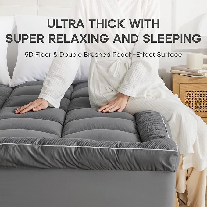 Sonive Full Size Mattress Protector, Extra Thick Pillow-Top Mattress Topper with Premuim 1000gsm Alternative Filling, Fluffy Soft Quilted Mattress Pad, Mattress Cover Oeko-Tex Certified Grey