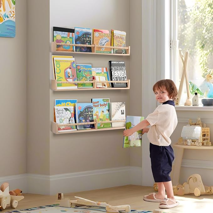 birola Nursery Book Shelves for Kids Rooms - 32 Inches Floating Wall Bookshelves Set of 3, Space-Saving Nursery Shelves with Beads Design for Kids Room, Bedroom and Study Room(Natural) - Image 4