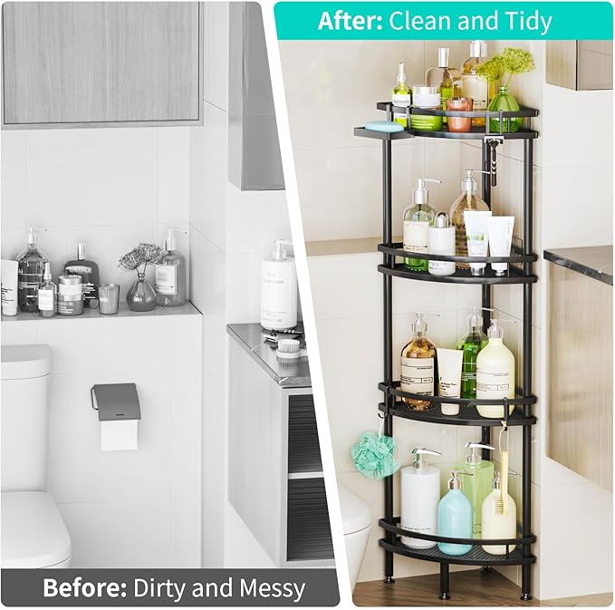 HapiRm Standing Corner Shower Caddy - 4 Tier Shower Organizer Corner with Soap Holder and 4 Hooks, Rustproof Bathroom Storage Shelves with Adhesives, Black - Image 7