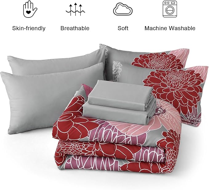 Yiran Bed in a Bag Queen Comforter Set 7 Pieces Burgundy Pink Red Floral Comforter Set Flower Soft Microfiber Bedding Set for All Season 90"×90"