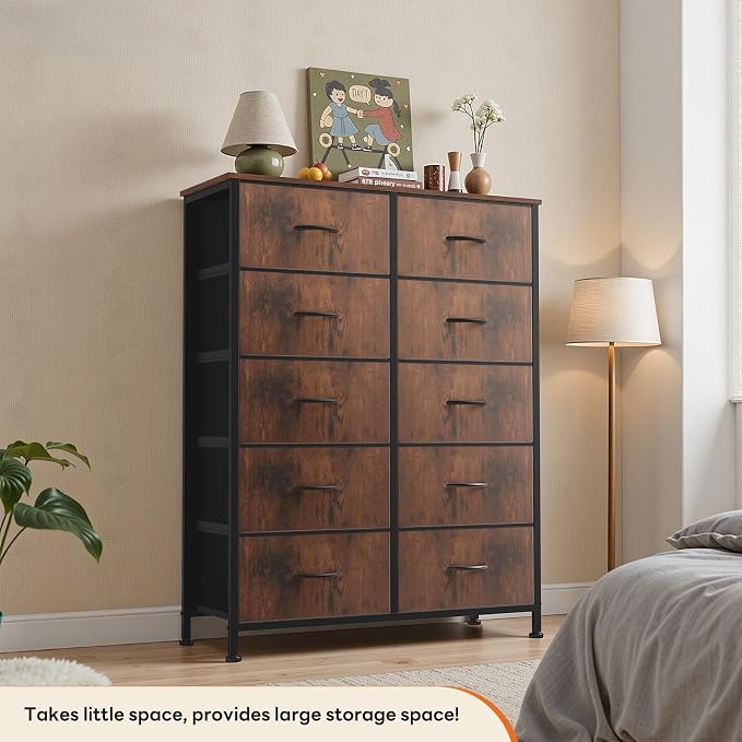 Sweetcrispy 10 Drawer Dresser, Tall Fabric Dresser for Bedroom, Storage Tower with Bins Chest Organizer Unit for Closet, Hallway, Steel Frame Wood Top, Easy Pull Handle, Rustic Brown - Image 5