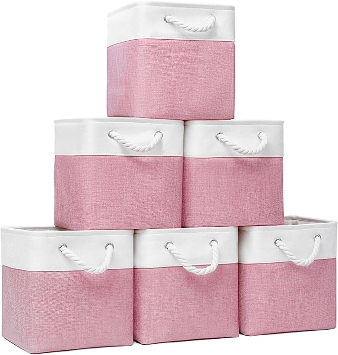 Cube Storage Bins, Collapsible Fabric Storage Cubes Bins, 11 Inch Cube Storage Bins with Handles, Foldable Storage Cubes (Pink, 10.5 * 10.5 * 11inch) by BOFUGA