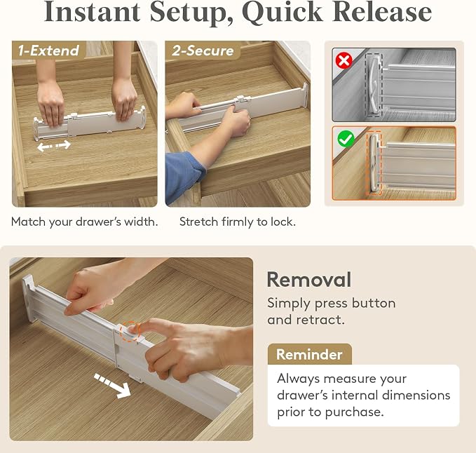 Lifewit Drawer Dividers for Clothes, 3.2" Tall 10.5"-16.5" Expandable Dresser Drawer Organizers, Adjustable White Plastic Separators for Kitchen, Cabinet, Nursery, Socks & Underwear Storage, 4 Pack - Image 5