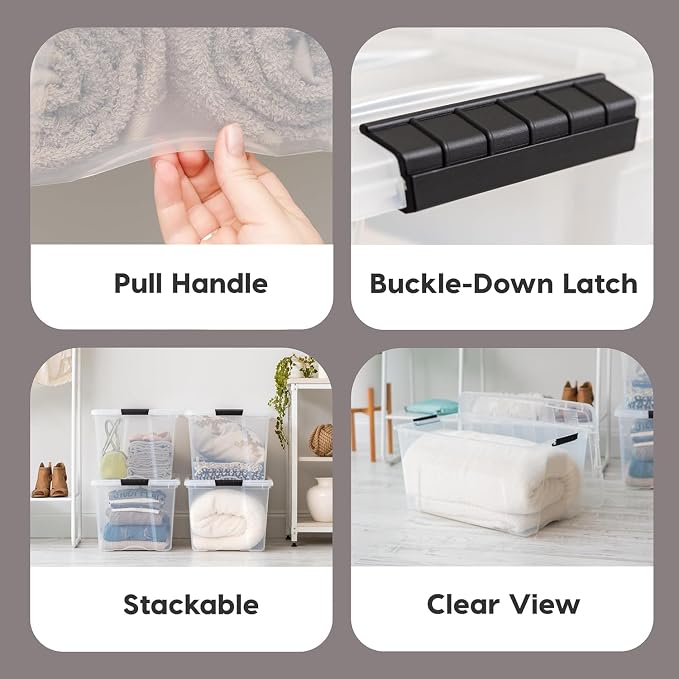 IRIS USA 94 Qt Stackable Plastic Storage Bins with Lids, 2 Pack - BPA-Free, Made in USA - See-Through Organizing Solution, Latches, Durable Nestable Containers, Secure Pull Handle - Clear - Image 3