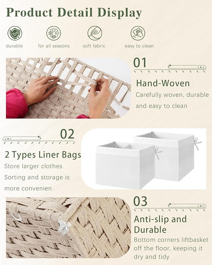 SETVSON Storage Basket with Lid Rattan Woven Storage Baskets with 2 Separate Lids, 17.2 Gallon (65 L) Wicker Storage Bins Foldable 2 Removable Liner Bags Handles for Bedroom, Laundry Room Light Khaki - Image 8