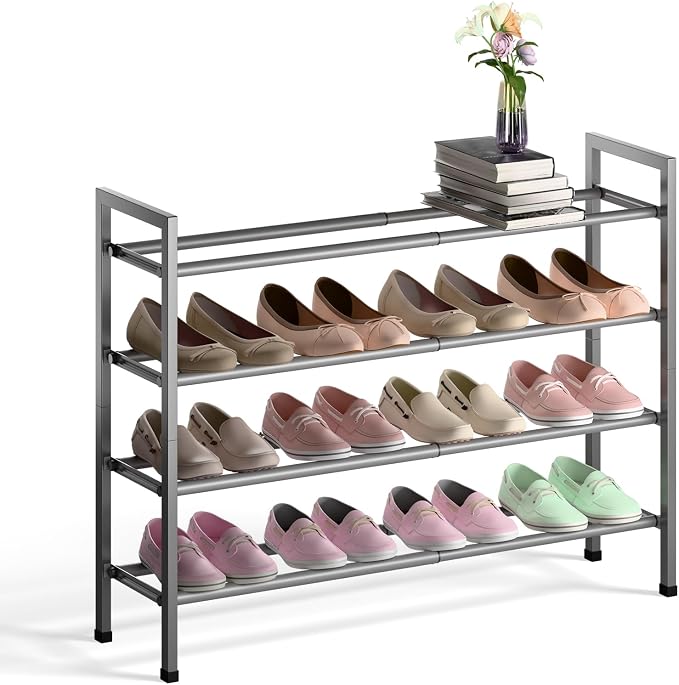 Bumusty 4-Tier Expandable Shoe Rack for Closet, 18“-33” Adjustable Shoe Rack for Small Space, Small Shoe Organizer for Front Door, Sturdy Metal, Gray by BUMUSTY
