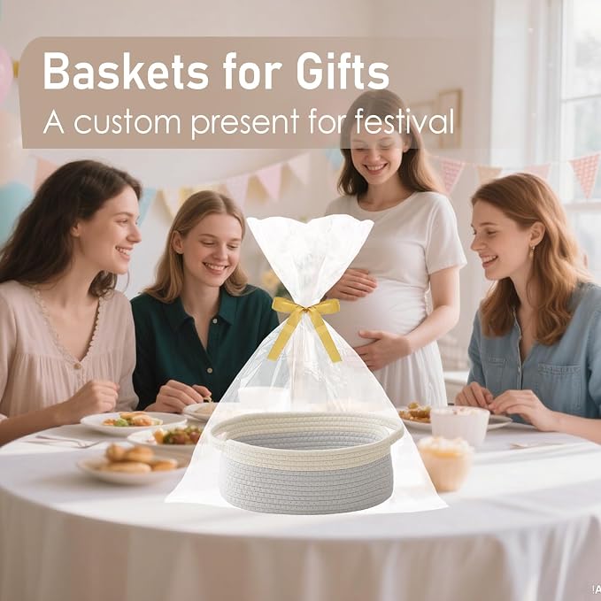 JMvicyroam Woven Basket,Small Rope Storage Bin with Handles & Ribbon Bag, Organizer for Shelves Closets,Gift Basket Empty for Birthday,Books,Dog Toys, White&Grey - Image 4