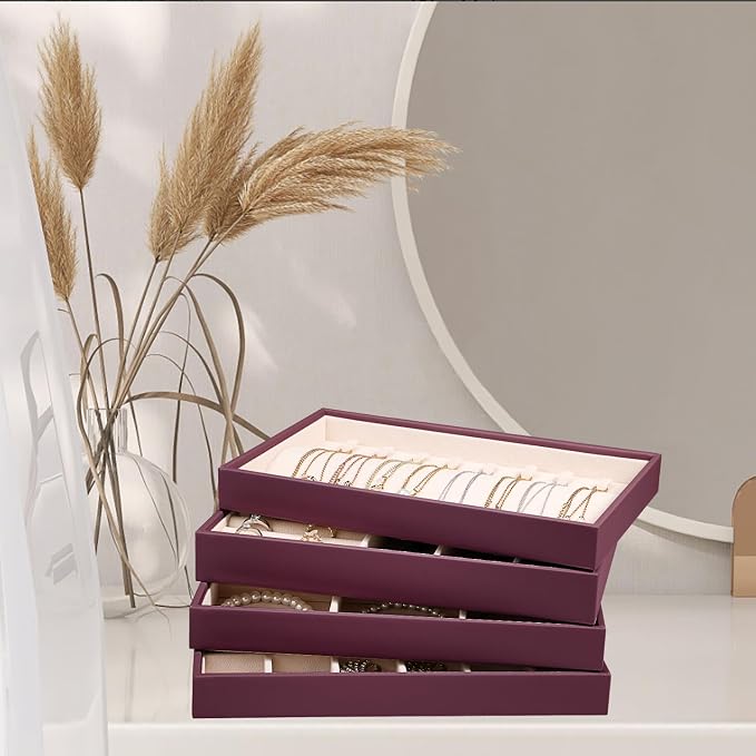 LANDICI Stackable Jewelry Organizer Trays 4 Set,PU Leather Jewelry Organizer Drawer,Jewelry Storage Display Tray for Earring Necklace Rings Bracelet with Removable Dividers,Purple - Image 5