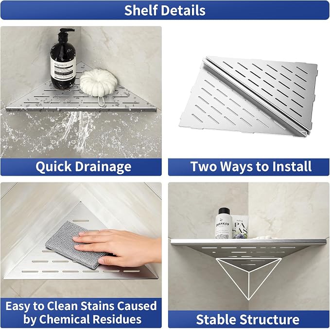 Corner Shower Shelf, 12" Brushed 304 Stainless Steel Slot Design Recessed Corner Shelves 2 Pack Bathroom Grout in Shelf for Tiled Wall, Large Size - Image 3