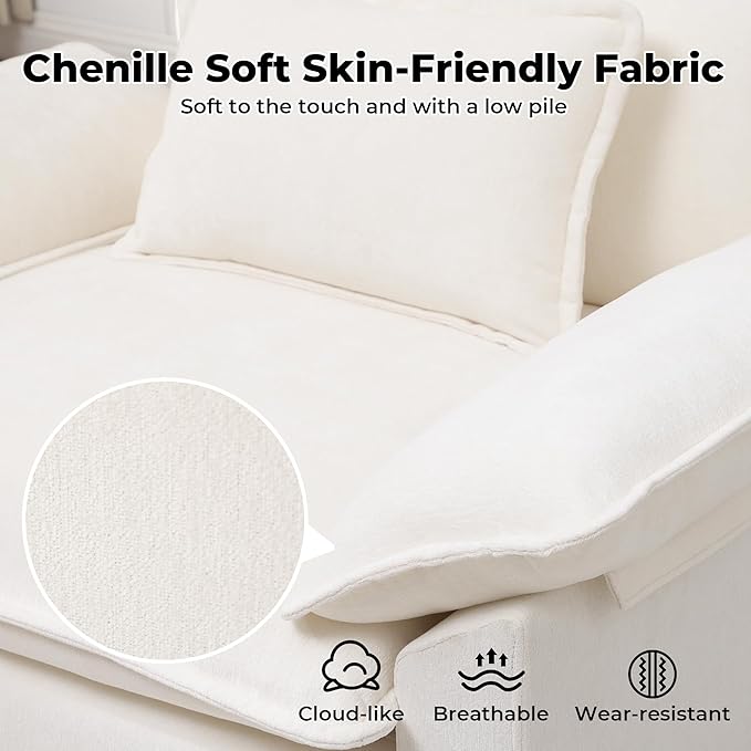 Modern Oversized Accent Chair,44" Chenille Cloud Sofa Chair with Deep Seat,Upholstered Armchair with Extra Thick,Comfy Accent Chair Reading Chairs for Living Room Bedroom Apartment White