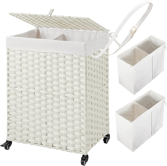 Greenstell Laundry Hamper with Wheels, No Install Needed, 90L Divided Handwoven Hampers & 2 Removable Liner Bags, Rattan Clothes Laundry Basket with Lid & Handles, Foldable Hampers White by Greenstell