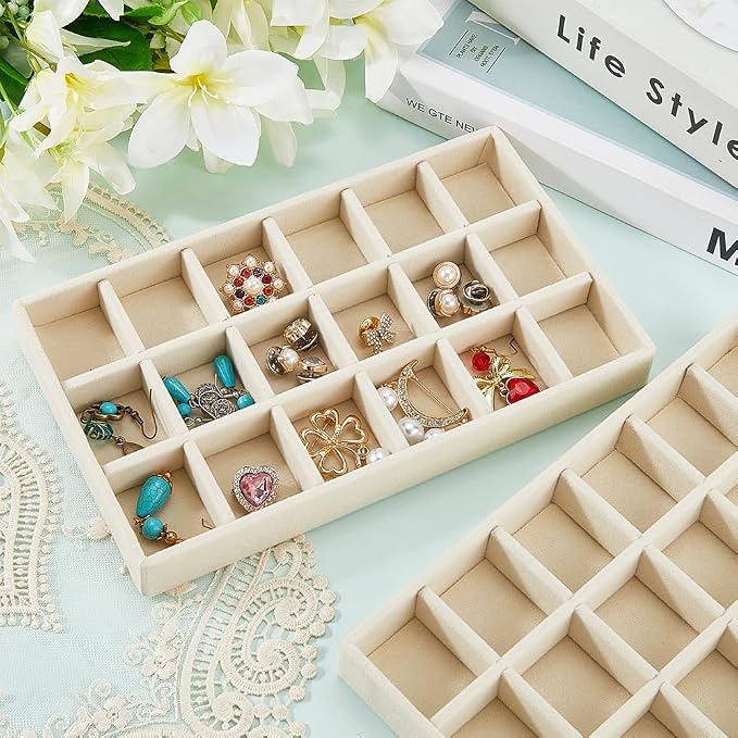 2Pcs 5 x 8.3 Inch Jewelry Box Tray Velvet Jewelry Drawer Insert Antique White 18 Grids Divided Stackable Necklace Storage Container Dresser Drawer Case for Earring Rings Display Showcase - Image 3