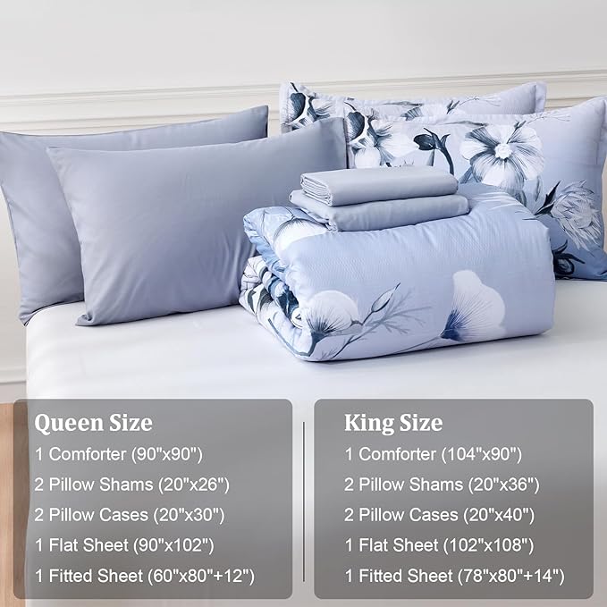 Luxudecor Floral Comforter Set Queen Size 7 Piece, Blue Flower Bed in a Bag, Elegant Gradient Floral Comforter with Sheet Set, Soft Seersucker Microfiber Bedding Set for All Season (Blue, 90"x90")