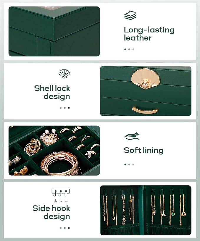 Enthralite Jewelry Box with 3 Drawers: Display Organizer for Earrings Necklaces - Gifts for Girls Women (Forest Green) - Image 5