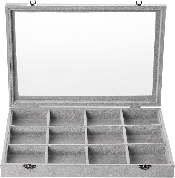 Frebeauty Velvet Jewelry Tray,12 Grid Jewelry Organizer with Clear Lid,Bracelets Holder,Jewelry Display Case with Clasp,Drawer Insert Bangle Brooch,13.8 x 9.5 x 2 Inches,Gift for Women Girls(Grey) - Image 2