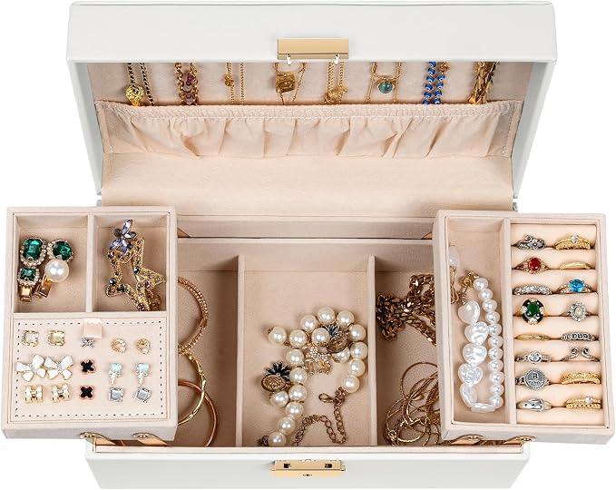 AKOZLIN Travel Jewelry Box Organizer Functional 2-trays Leather Jewelry Storage Case with Lockable Portable for Women Girls Ring Necklace Earring Bracelet - Image 2