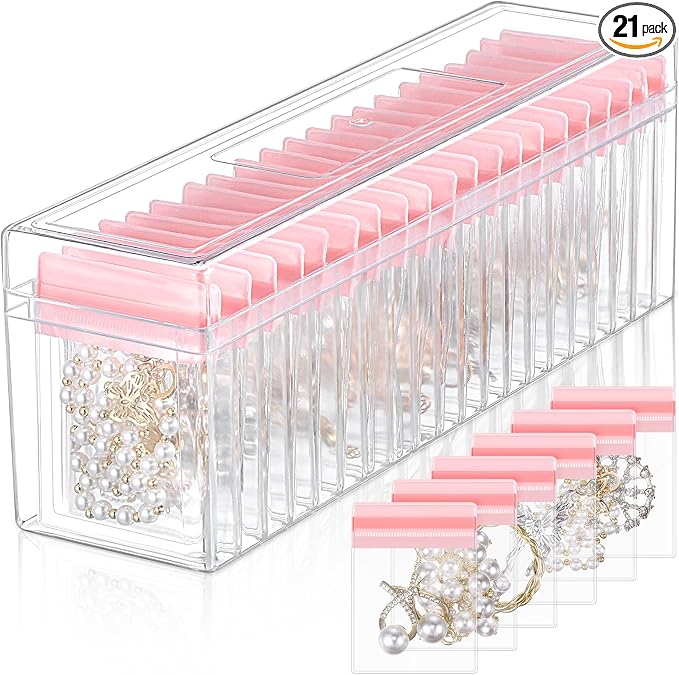 Kenning 21 Pcs Acrylic Jewelry Case Organizer, Clear Jewelry Organizers Holder with Portable Anti Tarnish Storage Bags for Rings, Earrings, Necklaces, Ideal Gifts for Women (Pink) by Kenning