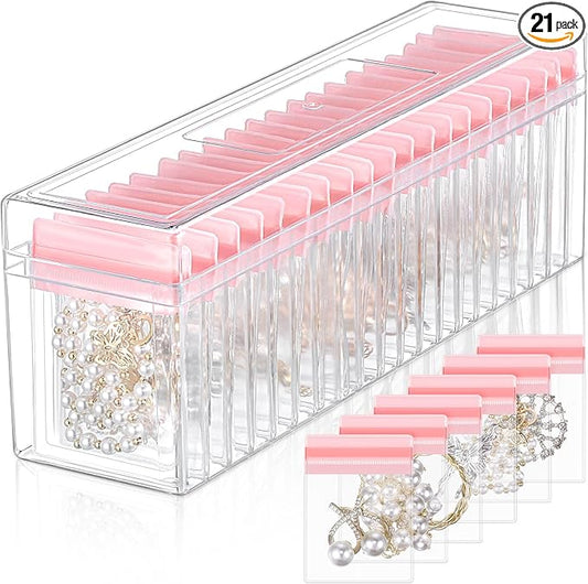 Kenning 21 Pcs Acrylic Jewelry Case Organizer, Clear Jewelry Organizers Holder with Portable Anti Tarnish Storage Bags for Rings, Earrings, Necklaces, Ideal Gifts for Women (Pink) by Kenning