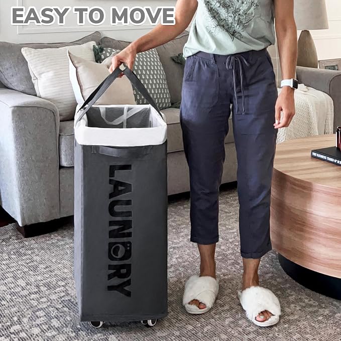 CHICVITA Rolling Laundry Basket with Wheels,75L Large Collapsible Laundry Hamper with Removable Wash Bag Space for Corner Dorms, Grey - Image 6