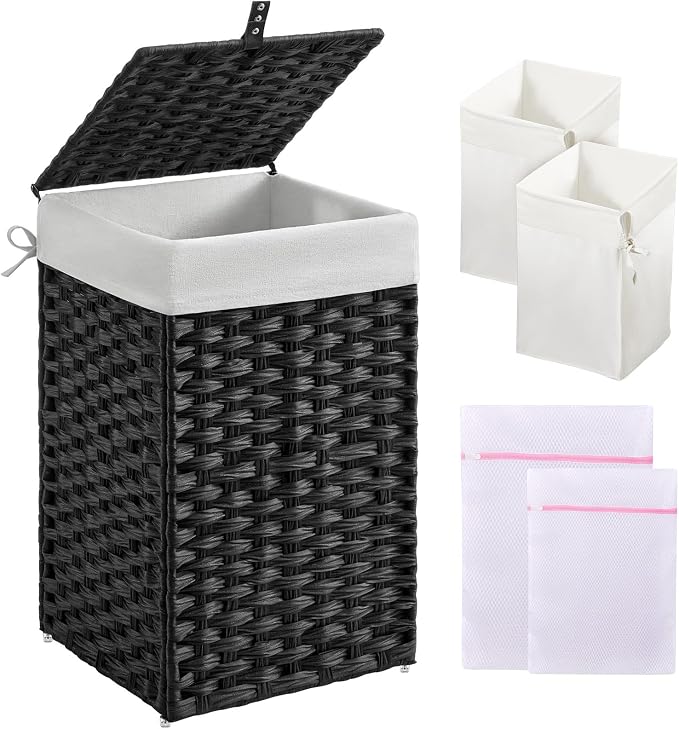 Greenstell Laundry Hamper with Lid, 60L Clothes Hamper with 2 Removable Liner Bags & 2 Mesh Bags, Handwoven Synthetic Rattan Basket, Toys in Bathroom, Bedroom Black by Greenstell