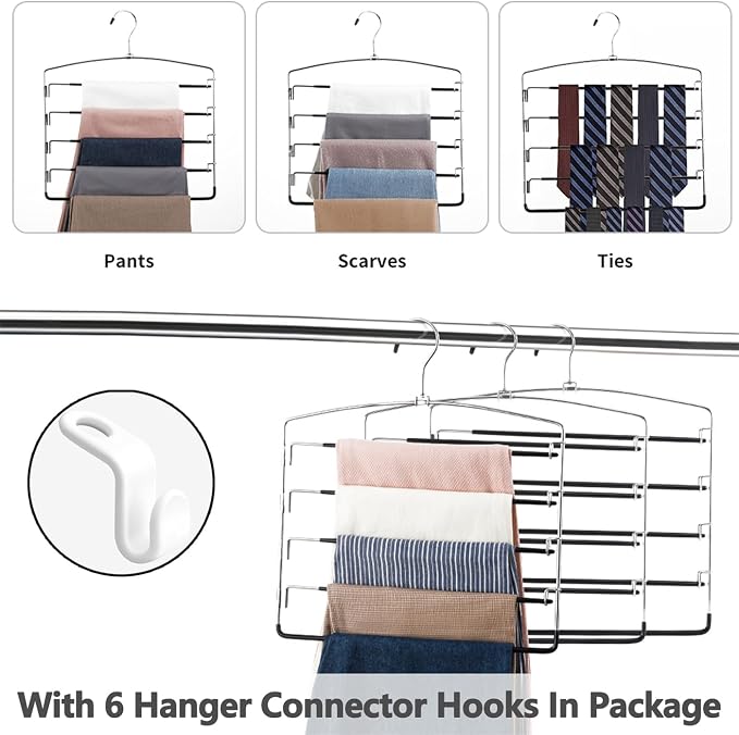 FeeraHozer Pants Hangers Non Slip 6 Pack Space Saving Hangers Multi-Layer Swing Arm Pants Hanger Stainless Steel Space Saver Hanger for Jeans Scarf Trouser Towel Clothes (Black) - Image 6