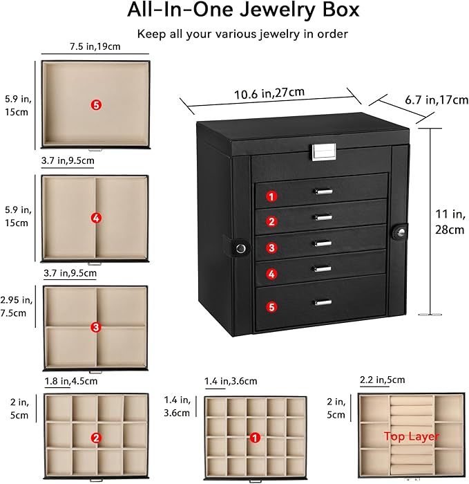 Frebeauty Large Jewelry Box,6-Tier PU Leather Jewelry Organizer,Multi-functional Storage Case with Mirror,Accessories Holder with 5 Drawers for Necklace Bracelets Watches(Black) - Image 3