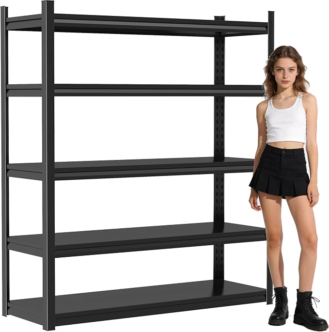 72''H × 45''W Garage Shelving, 5 Tier Heavy Duty Metal Garage Storage Shelves, Metal Shelving,3000 lbs Adjustable Standing Shelf and Thickened Double-Layer Posts for Garage,Warehouse,Basement, Black by FlyDzrewtGarageShelving