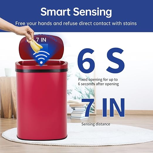 Kitchen Trash Can Bathroom Bedroom Office Garbage Can with Lid Automatic Touch Free Waste Bin Stainless Steel 13 Gallon / 50L,Red - Image 4