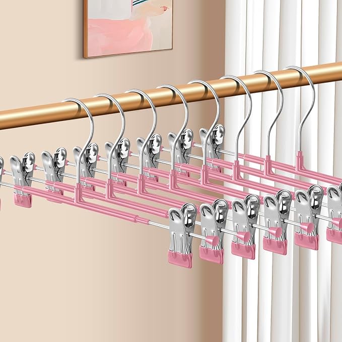Pants Hangers with Clips 20 Pack Adjustable Skirt Hangers for Women Non-Slip Trousers Hanger for Jeans Clothes Hangers for Pants Heavy Duty Space Saving Shorts Hangers,Pink,14Inch by HWAJANClothesOrganizer