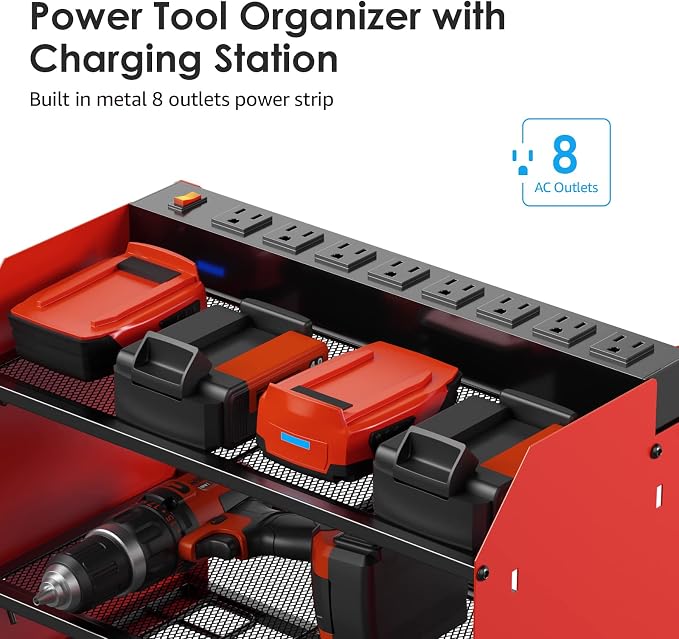 CCCEI Modular Power Tool Organizer Wall Mount with Charging Station. Garage Drill Storage Shelf with Hooks, Heavy Duty Rack, Tool Battery Holder Built in 8 Outlet. Gift for Men. Red, 2 Pack. - Image 2