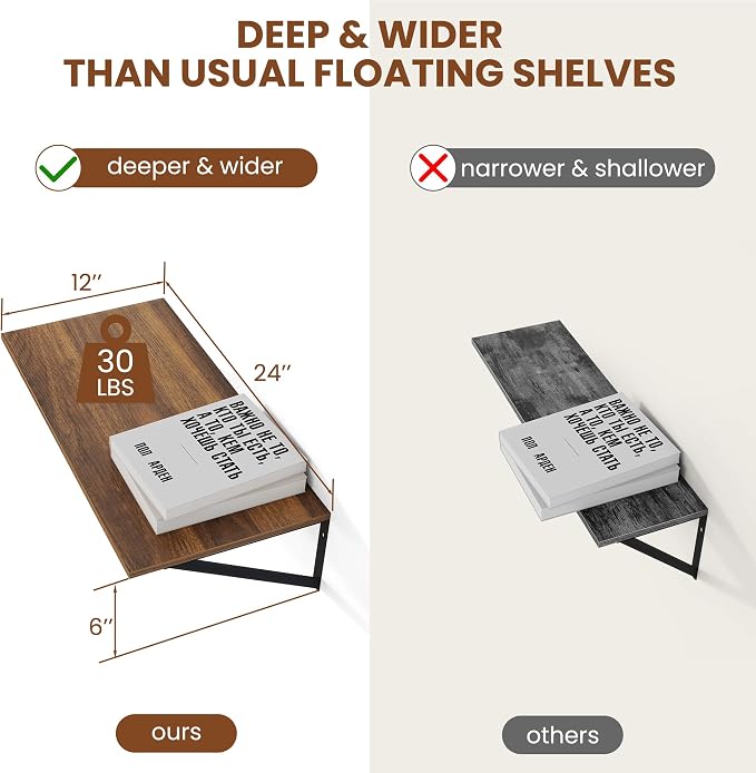 Heimlove 12 Inch Deep Floating Shelves for Wall, 24W x 12D Wood Wall Shelves Set of 2, Walnut Wide Floating Bookshelf for Living Room, Kitchen, Office, Bedroom, with Black Metal Bracke - Walnut - Image 3