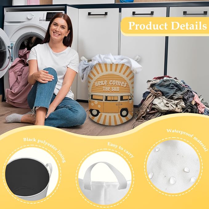 Here Comes the Sun Laundry Basket, 70s Retro Boho Sunshine Waterproof Collapsible Laundry Hamper Dirty Clothes Storage Toy Bin Organizer for Bathroom Bedroom Nursery Kids Room - Image 6