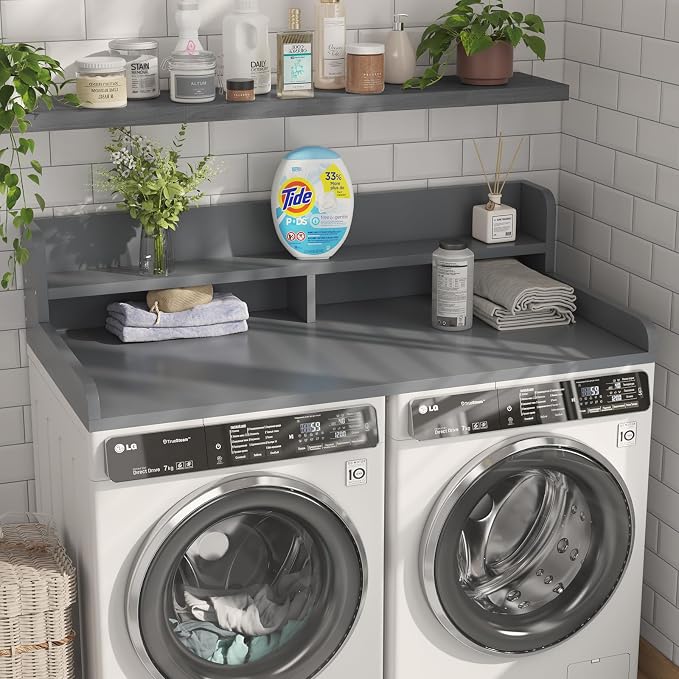2-Tier Washer Dryer Countertop with 2.75"H Edge Rails, 54" W x 27.55" D Laundry Countertop for Folding Clothes, Washer and Dryer Topper with Non-Slip Pad (Gray) - Image 2