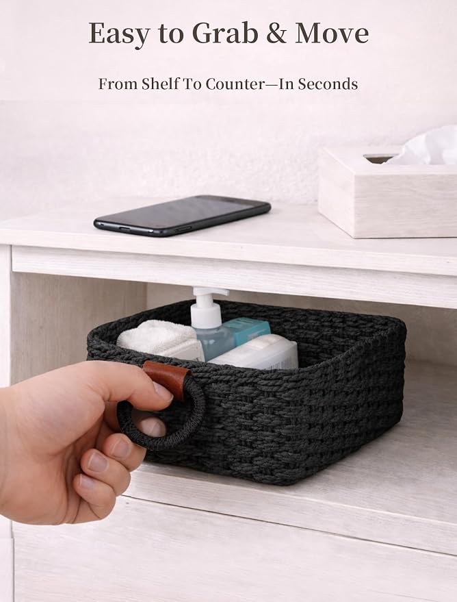 Storage Basket, Recycled Paper Rope Bathroom Basket Organizer, 3Pcs Small Baskets for Organizing, Mini wicker Basket for Decorative Storage Bins, Shelves, Bathroom, Cabinet - Black - Image 5