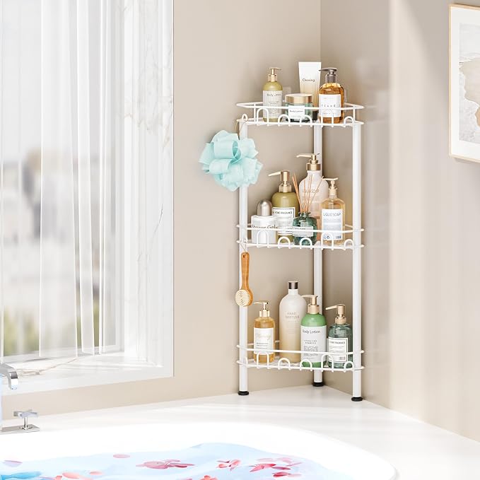 SWTYMIKI Standing Shower Caddy Corner - 3‑Tier Stainless Steel Shower Organizer Shelf with 12 Hooks and Adhesive Pads, Rustproof Corner Shelves Stand Rack for Bathroom Shower Room, white - Image 5