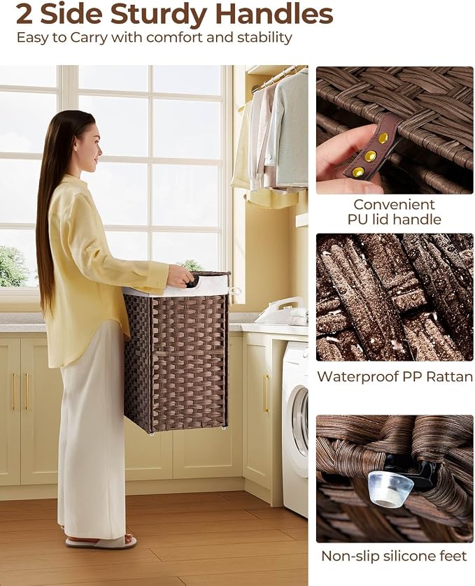 Greenstell Laundry Hamper with lid, No Install Needed, 110L Wicker Laundry Baskets Foldable 2 Removable Liner Bags, 2 Section Clothes Hamper Handwoven Rattan Laundry Basket with Handles, Brown - Image 4