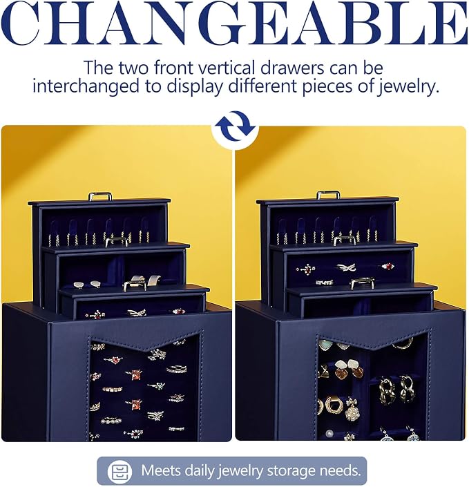 Homde Jewelry Organizer with Transparent Window Necklace Hooks Gift for Women Jewelry Box Display Case for Necklaces Rings Earrings Bracelets and Other Accessories (Dark Blue) - Image 3