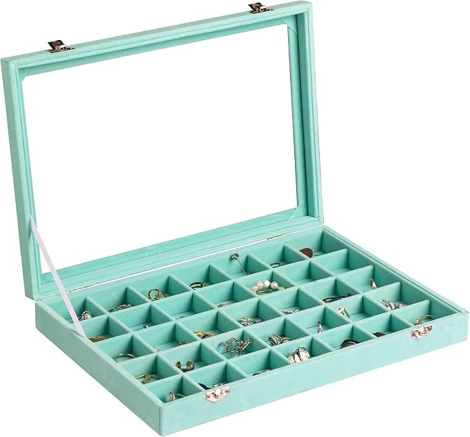 Frebeauty Velvet Jewelry Tray,35 Grid Jewelry Organizer with Clear Lid,Earring Holder Organizer Case with Clasp,Drawer Insert for Rings Studs,13.8 x 9.5 x 2 Inches,Gift for Women Girls(Turquoise) by Frebeauty
