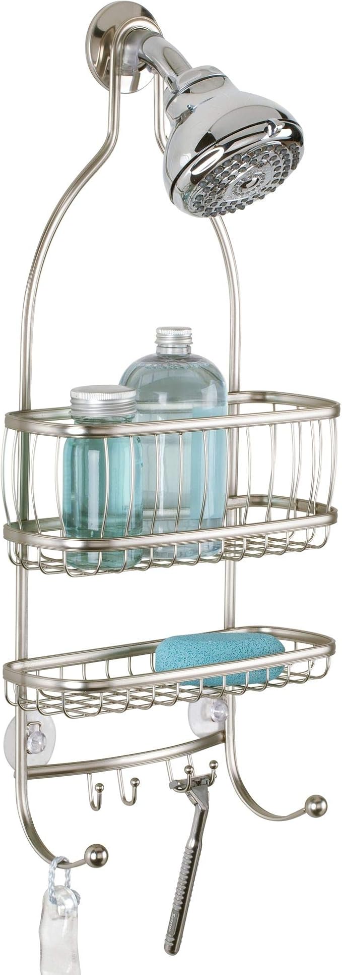 iDesign York Metal Wire Hanging Shower Caddy, Extra Wide Space for Shampoo, Conditioner, and Soap with Hooks for Razors, Towels, and More, 9.75" x 4" x 22", Satin Silver - Image 4