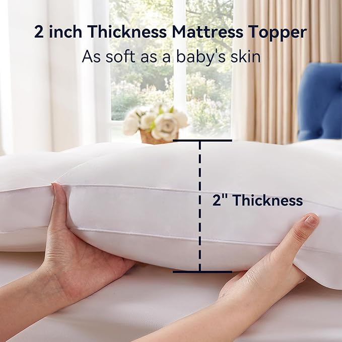 Topllen Queen Mattress Topper for Back Pain Relief – Extra Thick Pillow Top Plush Mattress Pad with Deep Pocket, Soft Pillowtop Queen Size Bed Toppers Filled Fluffy Down Alternative, White