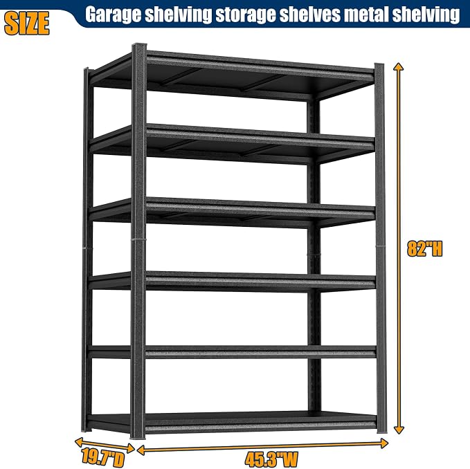 82"H-45"W Storage Shelves heavy duty 3000LBS Garage Shelving Unit 6 tier meta1 shelf adjustable storage rack for Basement, Warehouse, Pantry, Closet, Kitchen 82" H x 45.3" W x 19.7" D, Black - Image 2