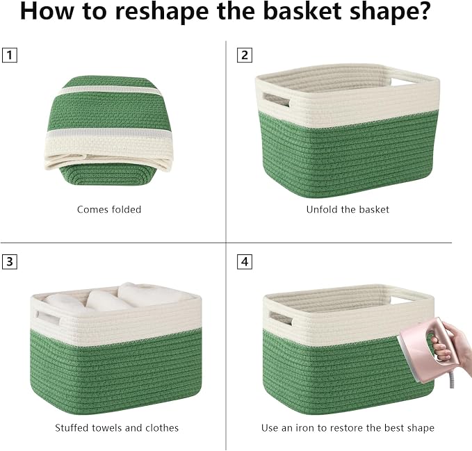 OIAHOMY 4 Pack Storage Baskets for Organizing, Basket for Shelves with Handle, Woven Baskets for Storage Toys, Towels, Books, Cotton Rope Basket 13" L x 9 " W x 7.8 " H, Olive Green & White - Image 7