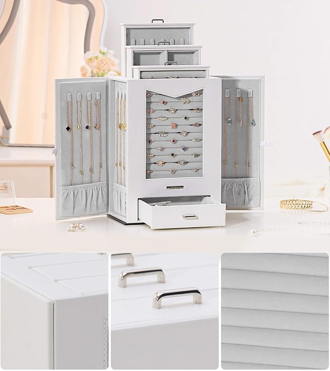 Homde Jewelry Organizer with Transparent Window Necklace Hooks Gift for Women Jewelry Box Display Case for Necklaces Rings Earrings Bracelets and Other Jewelry Accessories (White) - Image 7