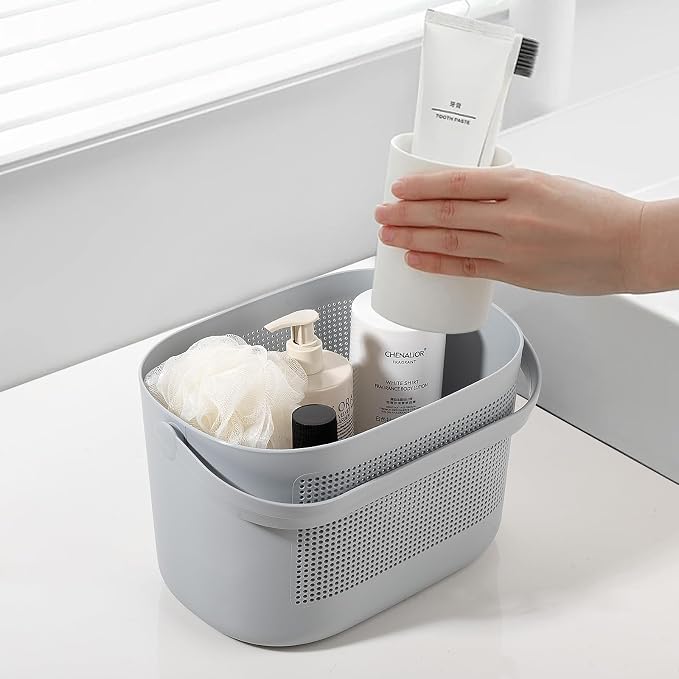 UUJOLY Plastic Storage Baskets with Handles, Shower Caddy Shelf Organizers Basket for Bathroom, Kitchen, Dorm Room, Gray - Image 3