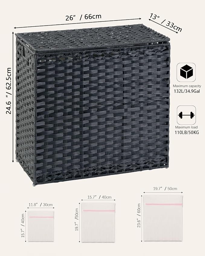SETVSON Laundry Hamper with Lid Laundry Basket 132 L (35 Gal) Wicker Clothes Hamper, Handwoven Rattan Hamper with Handles and 4 Removable Liner Bags, 6 Mesh Bags for Laundry Bedroom Black - Image 5