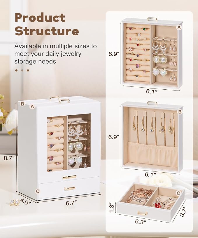 Mothers Day Gifts Homde Jewelry Organizer Girls Women Jewelry Box for Necklaces Rings Earrings Gift Bracelets Storage Case (White + Gold) - Image 5